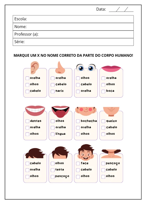 Marque o nome correto da parte do corpo