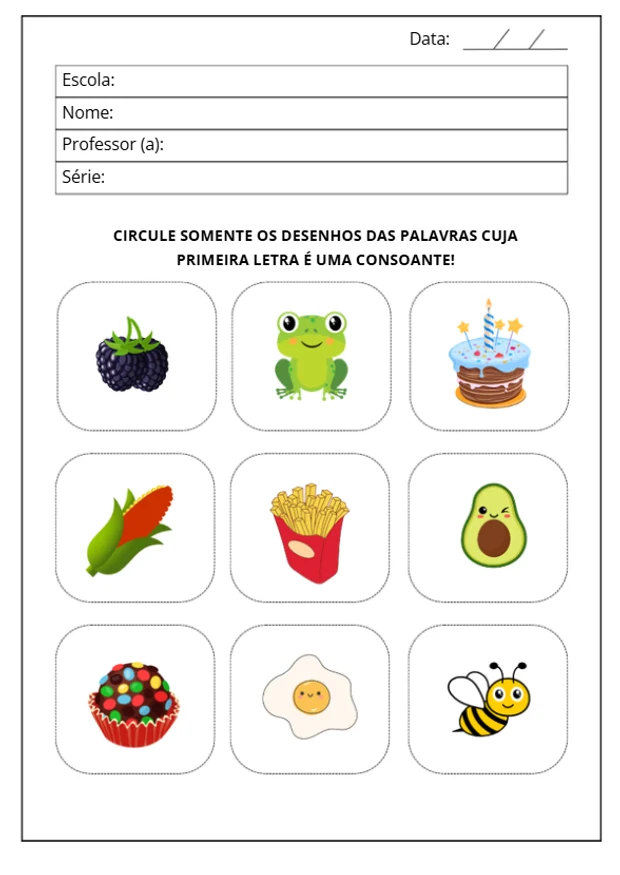 Circule as palavras que começam com consoante